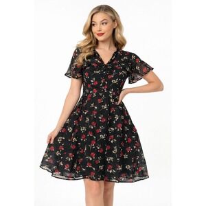 Unique Vintage Black Rose Print‎ Flutter Sleeve Dress – 4